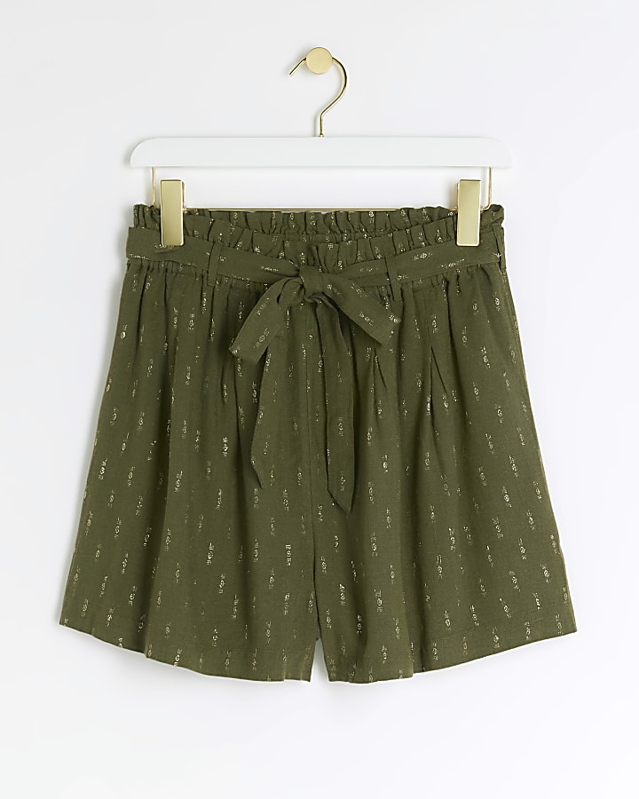 Khaki linen blend glitter shorts