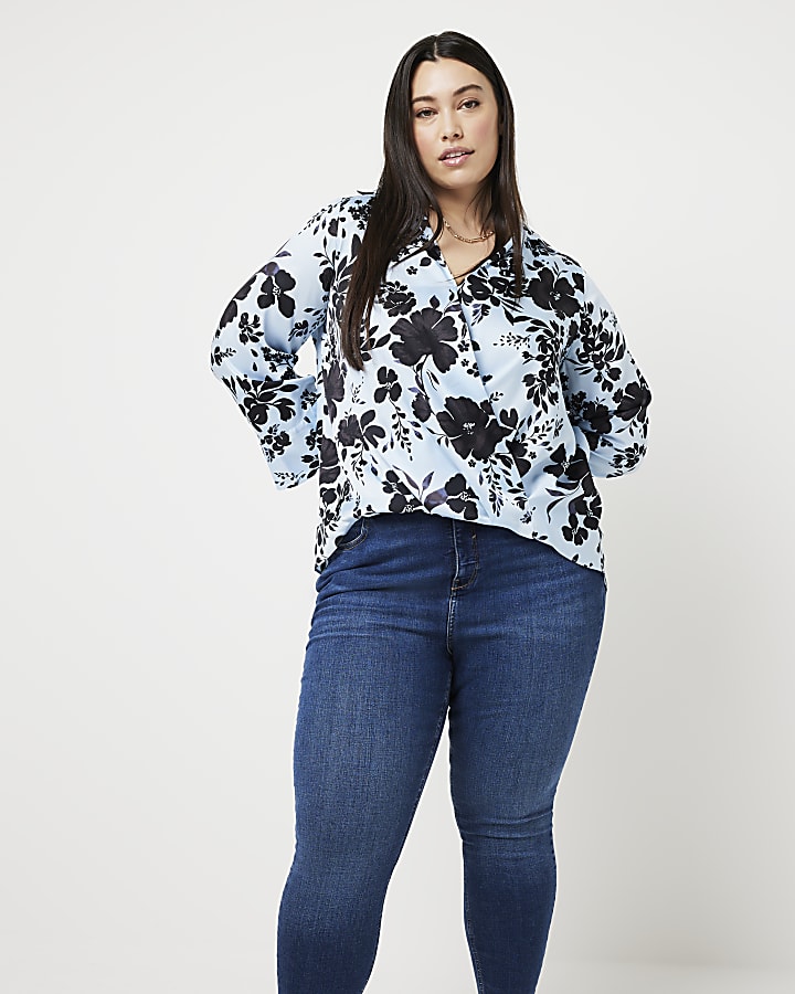 Plus blue satin floral wrap shirt