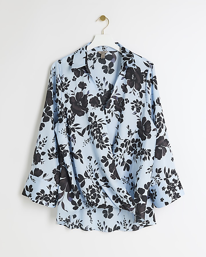 Plus blue satin floral wrap shirt