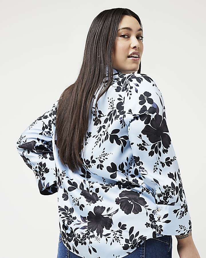 Plus blue satin floral wrap shirt