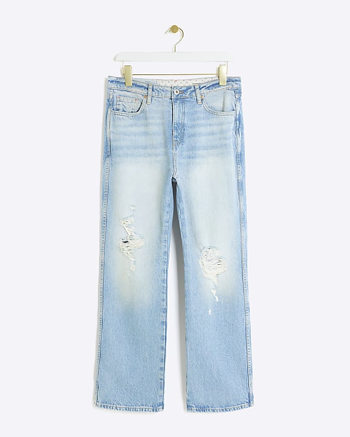 Petite blue ripped stove pipe straight jeans