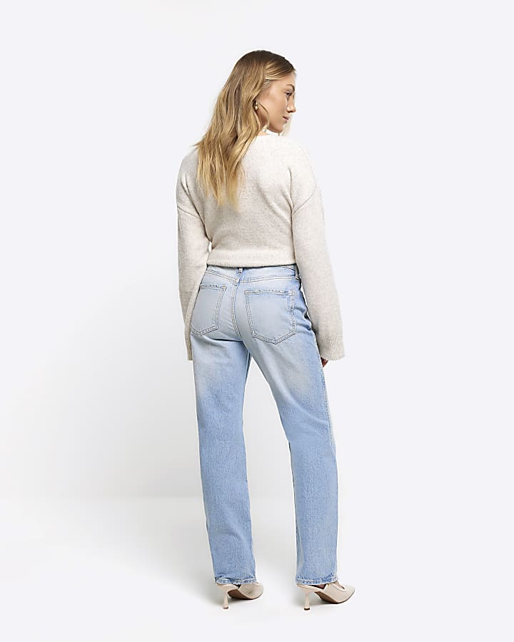 Petite blue ripped stove pipe straight jeans