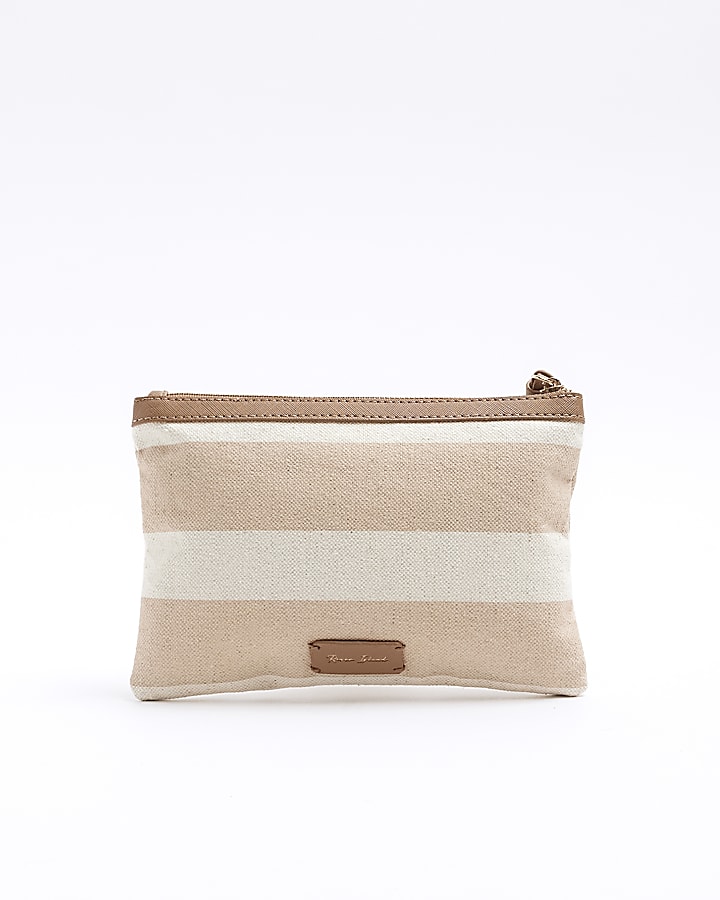 Beige canvas striped pouchette bag