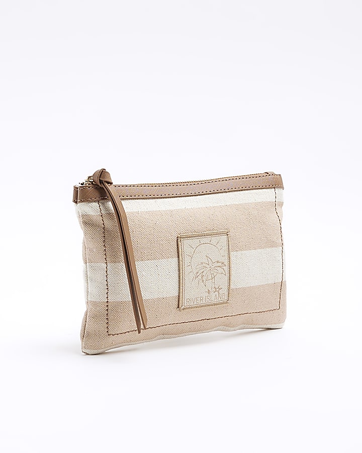 Beige canvas striped pouchette bag