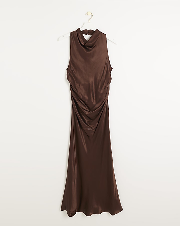 Brown satin halter cowl neck midi dress