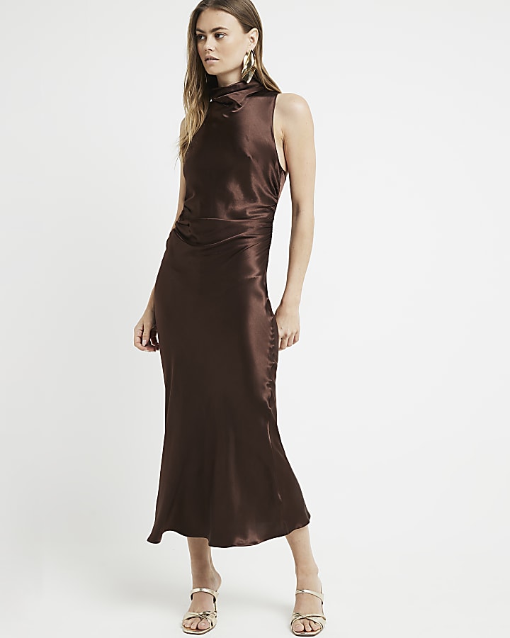 Brown satin halter cowl neck midi dress