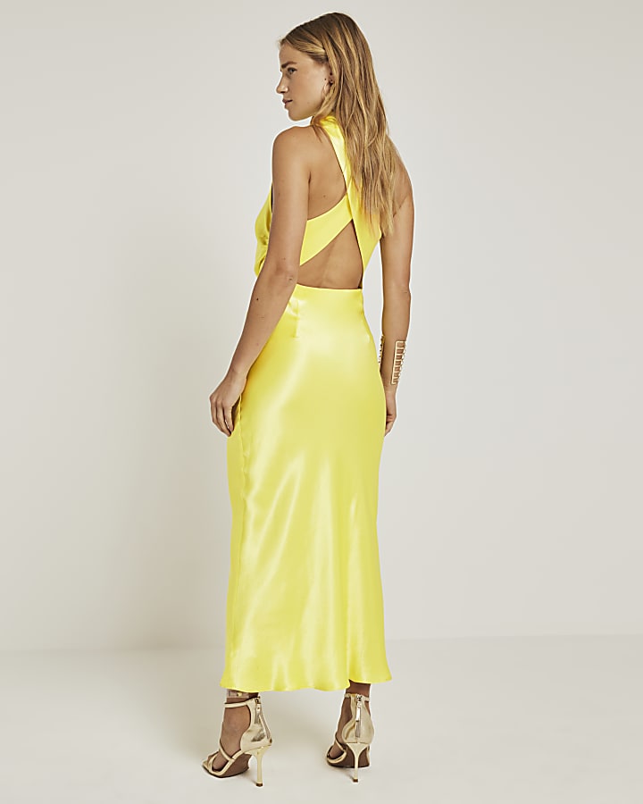 Yellow satin halter cowl neck midi dress