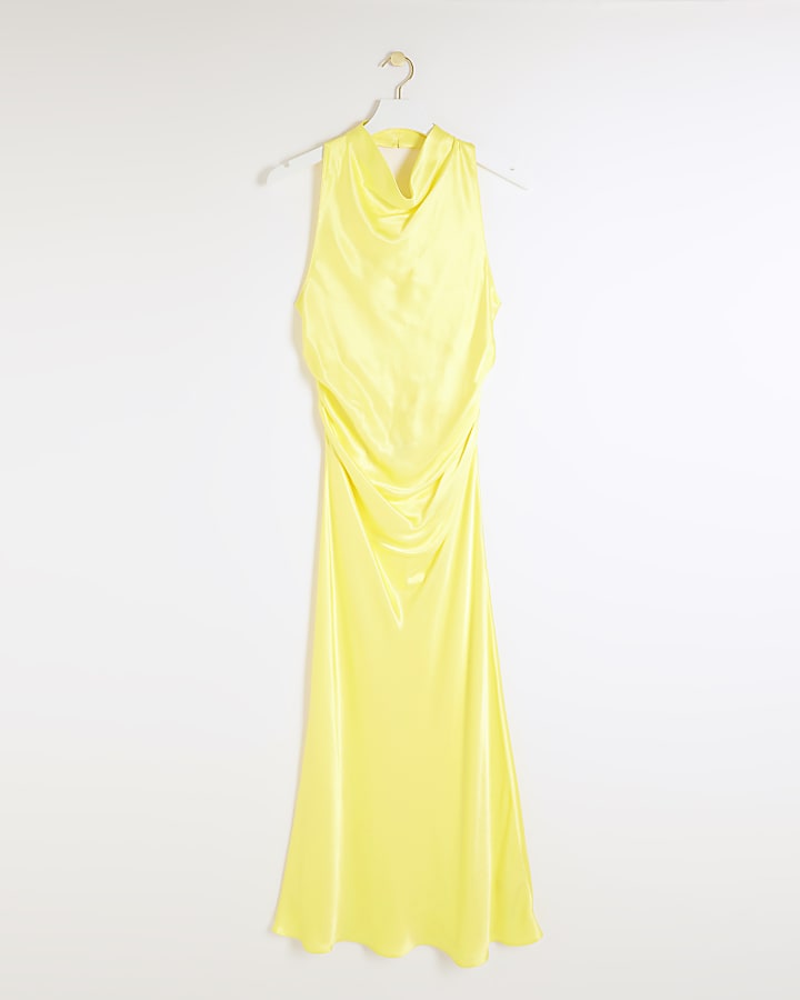 Yellow satin halter cowl neck midi dress