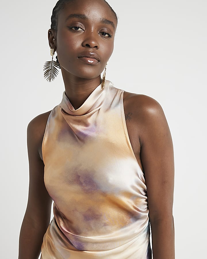 Orange satin halter cowl neck midi dress