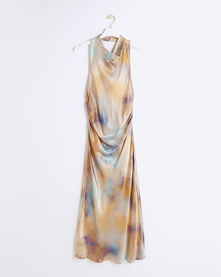 Orange satin halter cowl neck midi dress