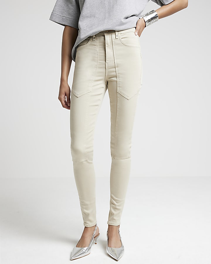 Beige high waisted seamed skinny jeans