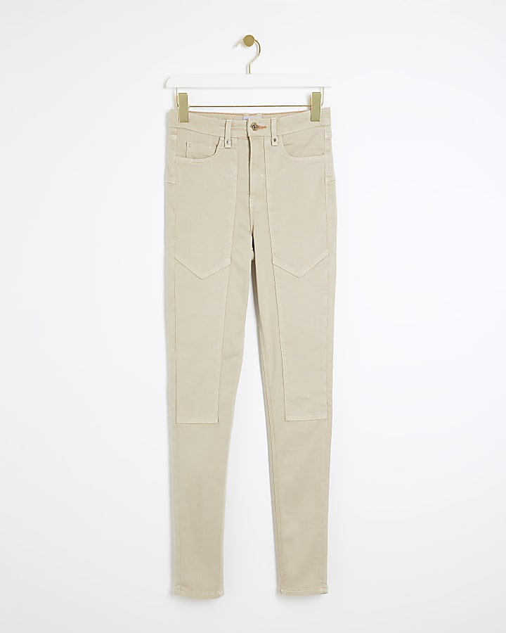 Beige high waisted seamed skinny jeans