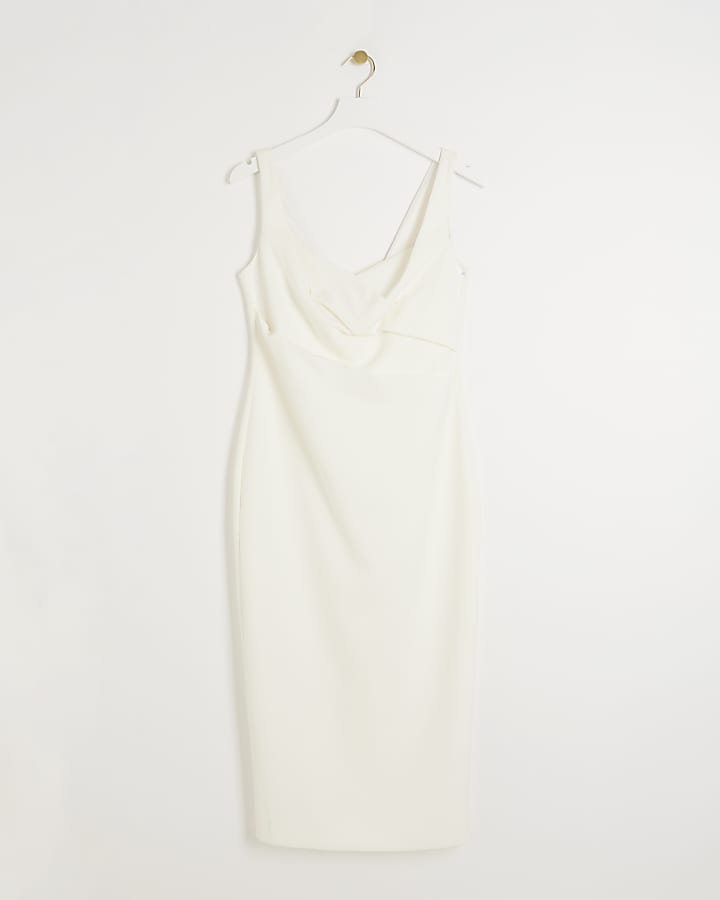 White ruched open back bodycon midi dress
