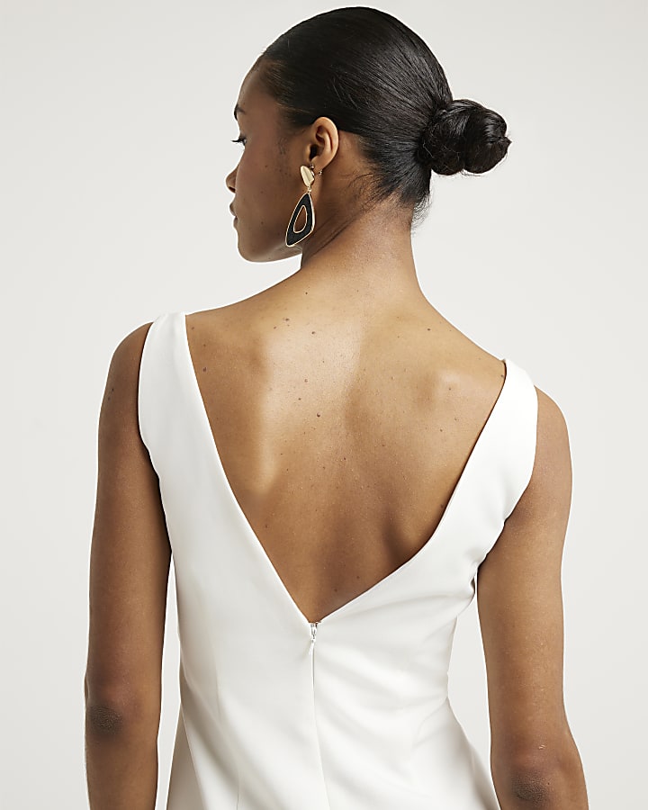 White ruched open back bodycon midi dress