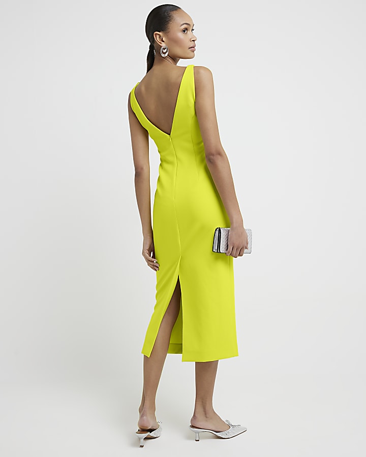 Green ruched open back bodycon midi dress