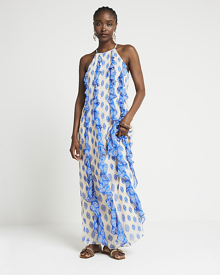 Blue geometric frill smock maxi dress