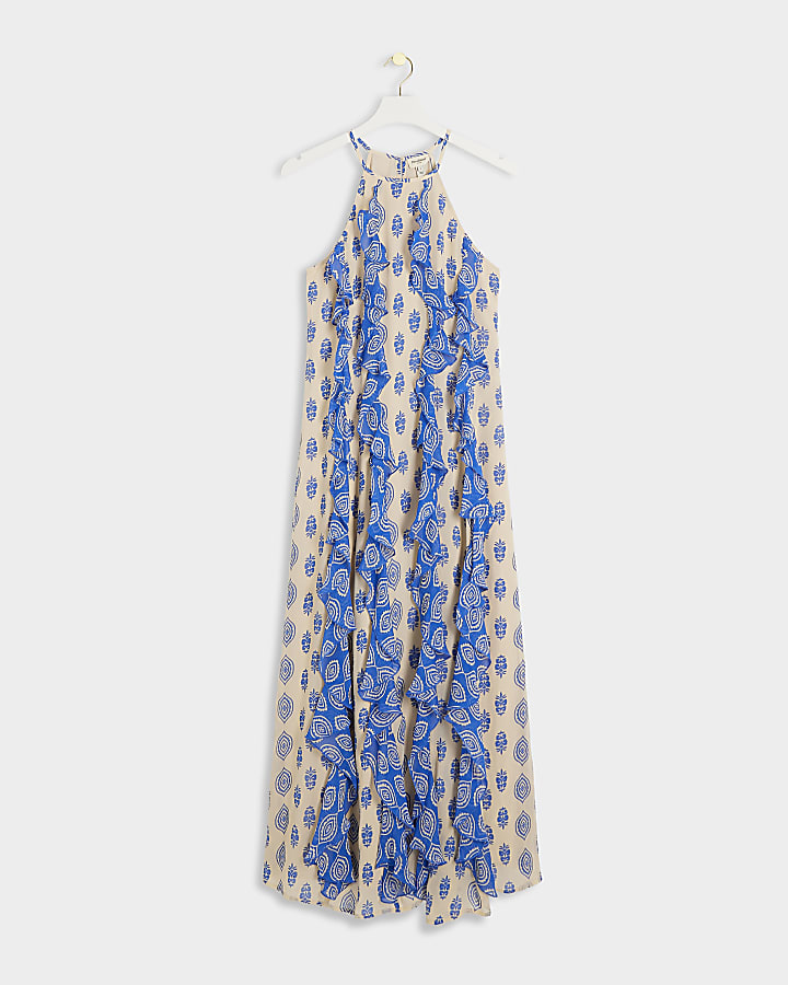 Blue geometric frill smock maxi dress