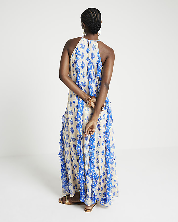 Blue geometric frill smock maxi dress