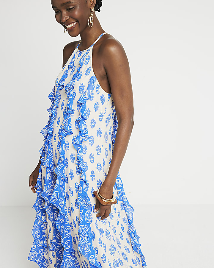 Blue geometric frill smock maxi dress