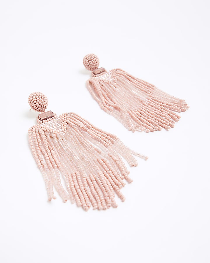 Pink beaded tassel drop earrings