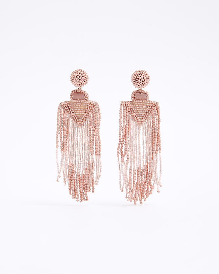 Pink beaded tassel drop earrings