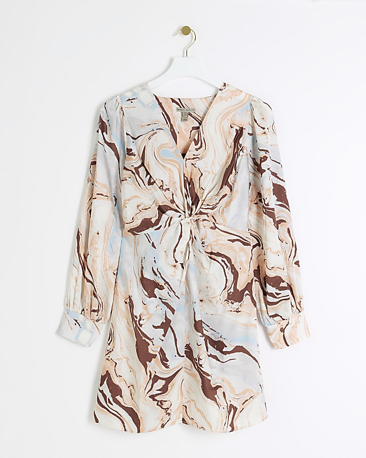 Beige Satin Marble print Shift Mini Dress