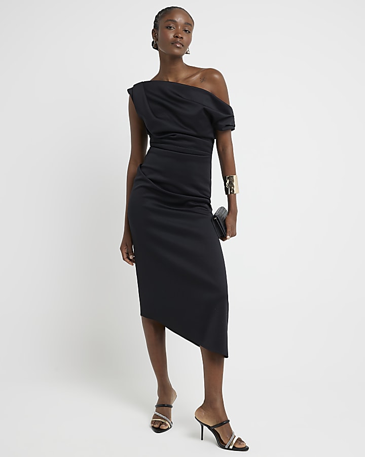 Black Asymmetric Bodycon Midi Dress