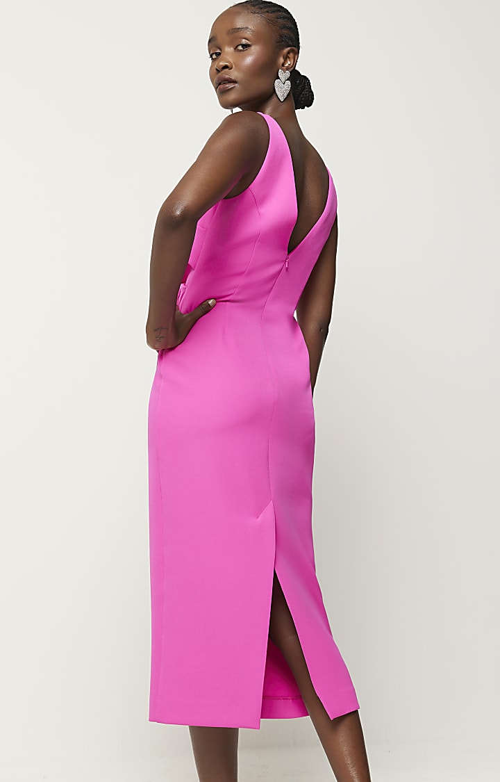 Pink ruched open back bodycon midi dress