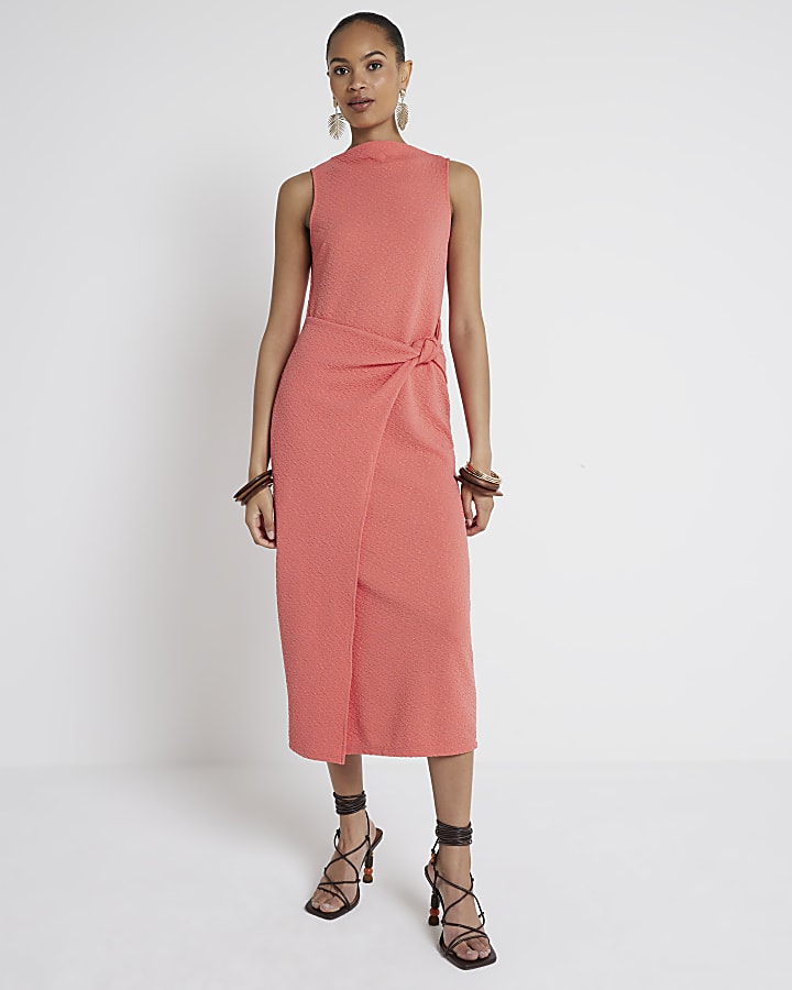 Coral textured knot bodycon midi dress