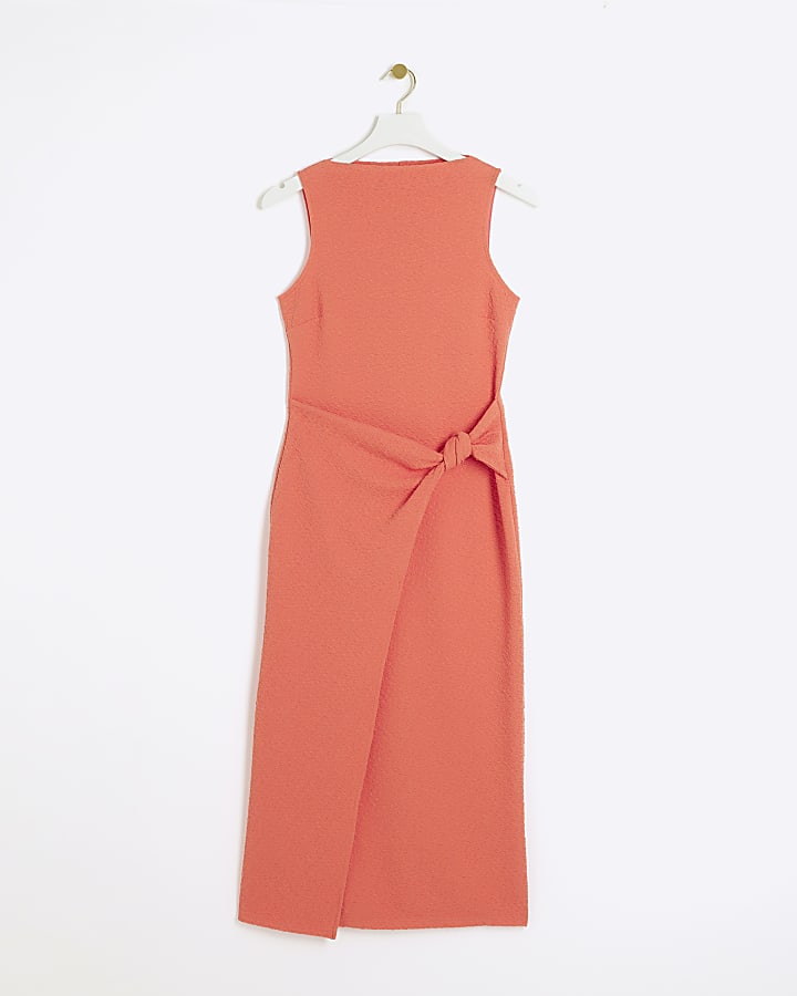 Coral textured knot bodycon midi dress