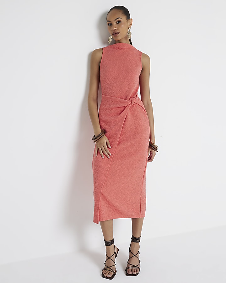 Coral textured knot bodycon midi dress