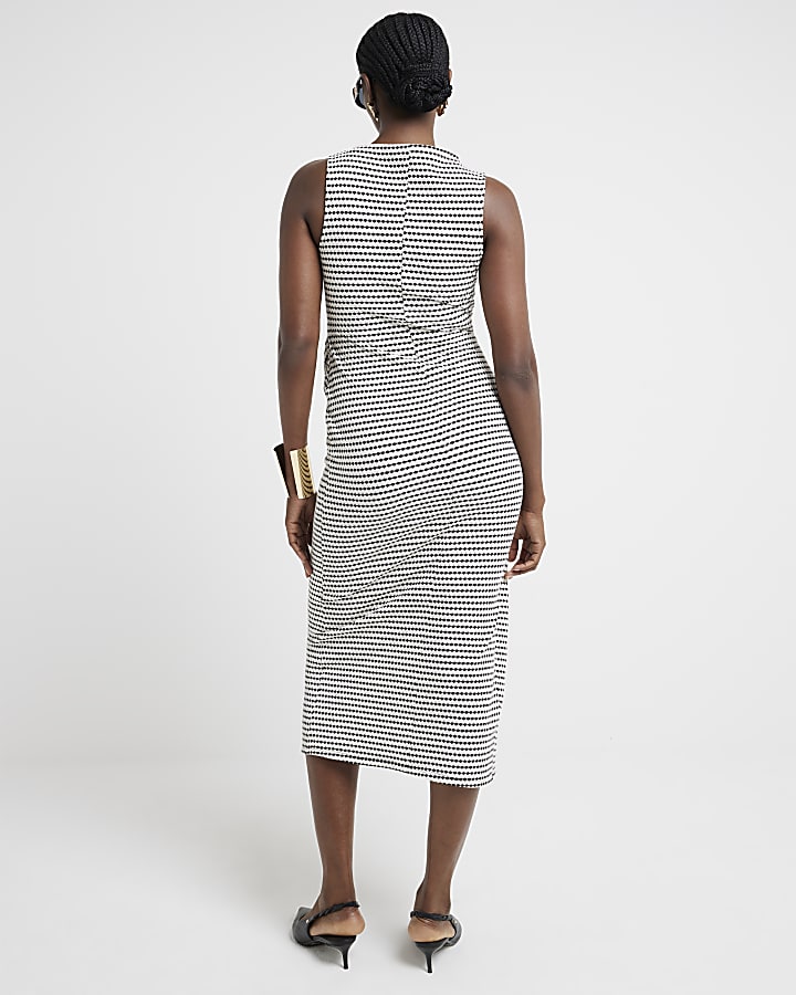 Cream textured stripe knot bodycon midi dress