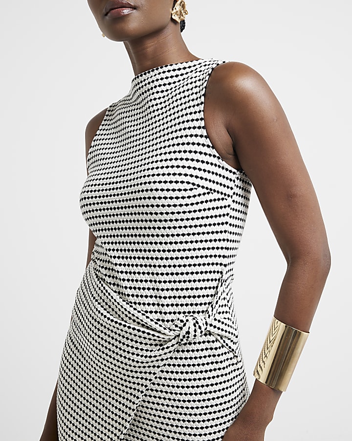 Cream textured stripe knot bodycon midi dress