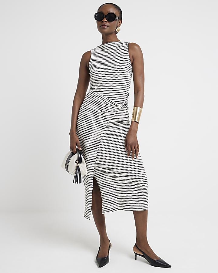 Cream textured stripe knot bodycon midi dress