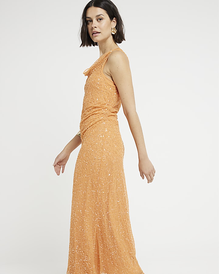 Orange sequin embellished slip midi dress