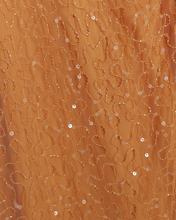 Orange sequin embellished slip midi dress