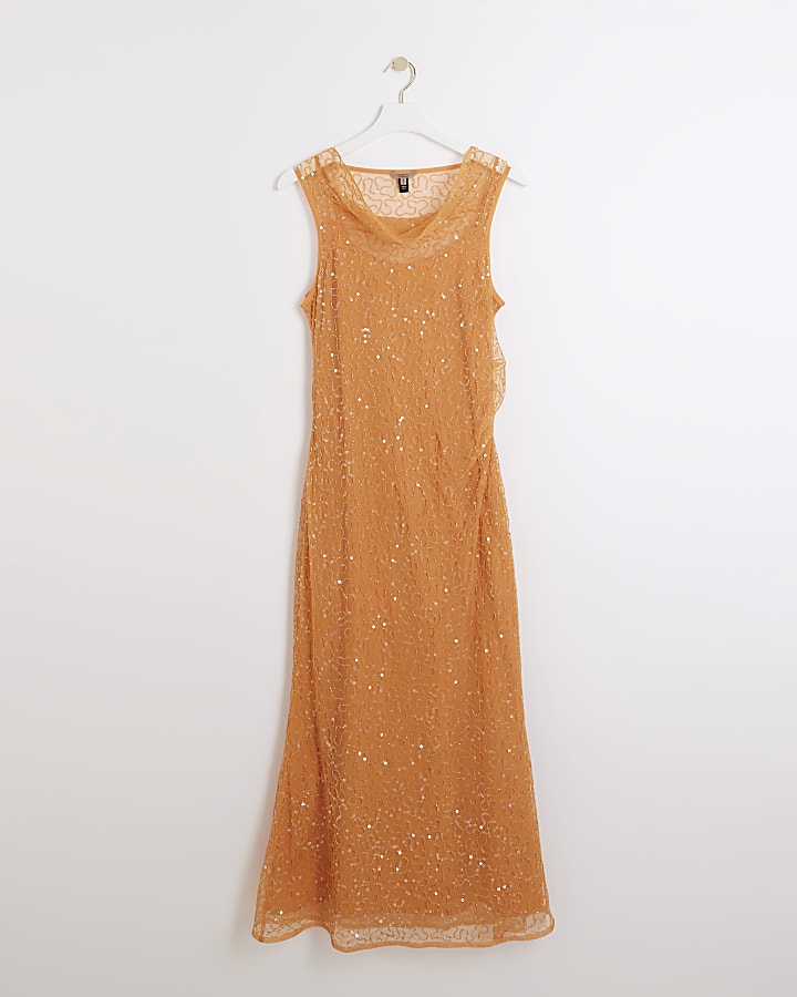 Orange sequin embellished slip midi dress