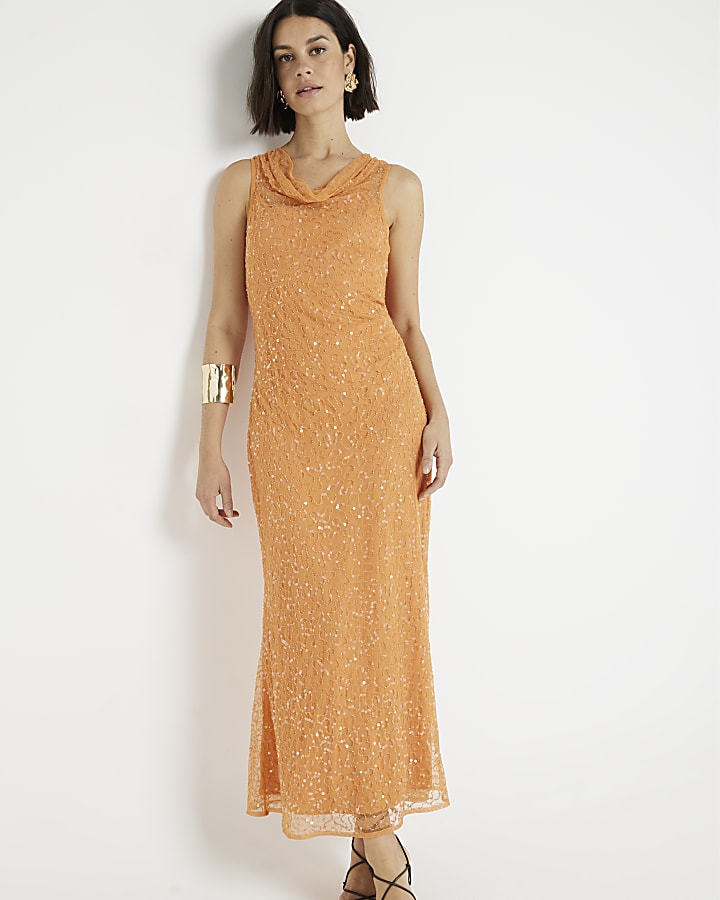 Orange sequin embellished slip midi dress