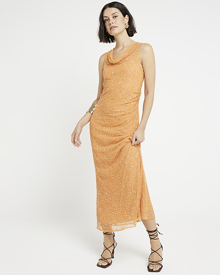 Orange sequin embellished slip midi dress