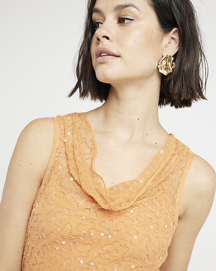 Orange sequin embellished slip midi dress