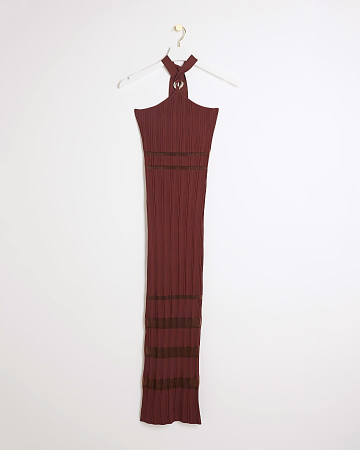 Brown knitted knot front bodycon midi dress