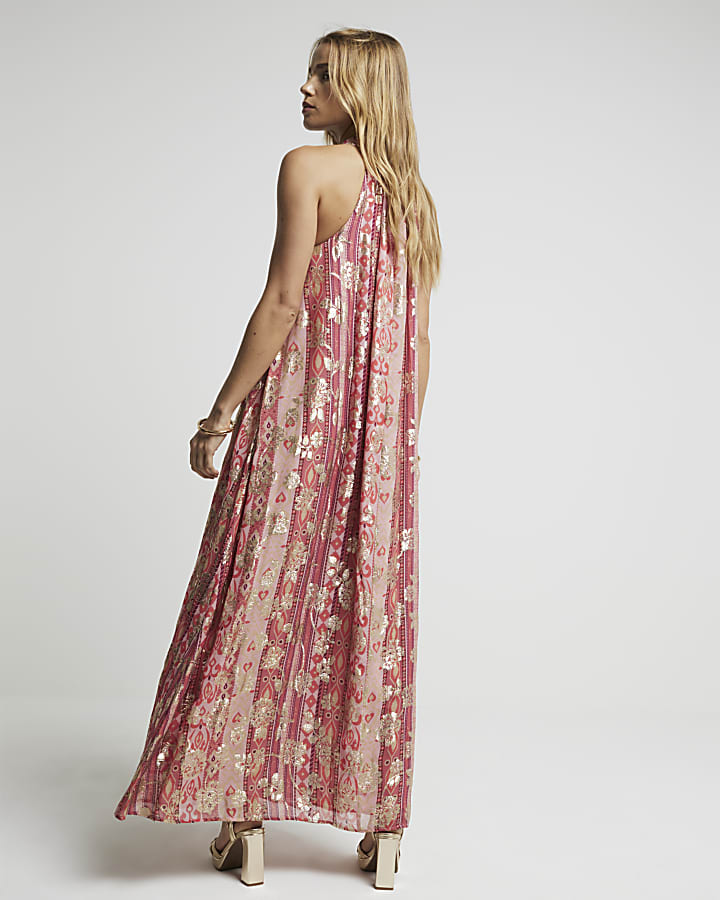 Red floral glitter shift maxi dress