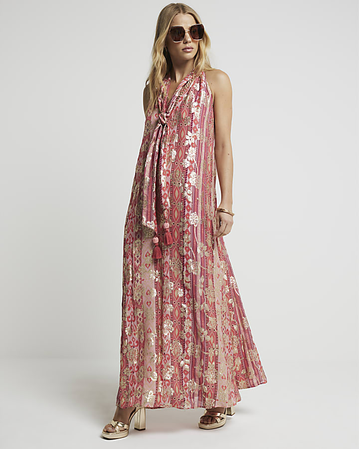 Red floral glitter shift maxi dress