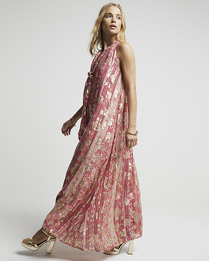 Red floral glitter shift maxi dress