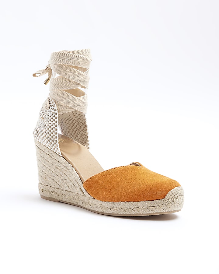 Orange suede wedge espadrille sandals