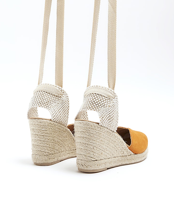 Orange suede wedge espadrille sandals