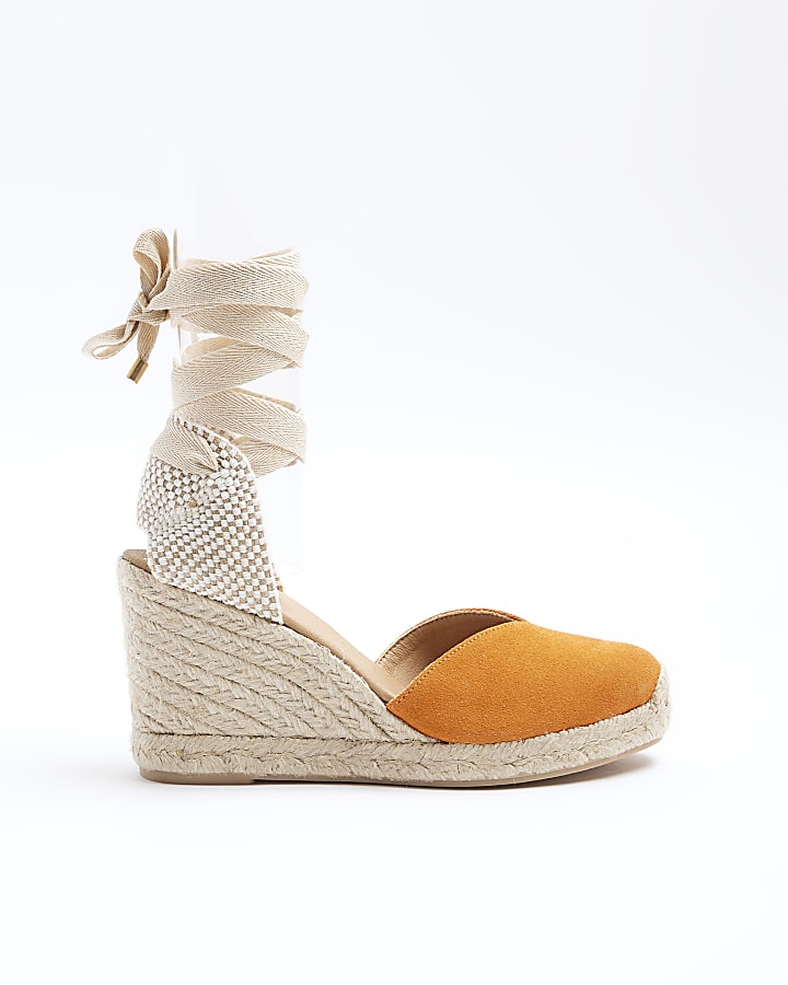 Orange suede wedge espadrille sandals