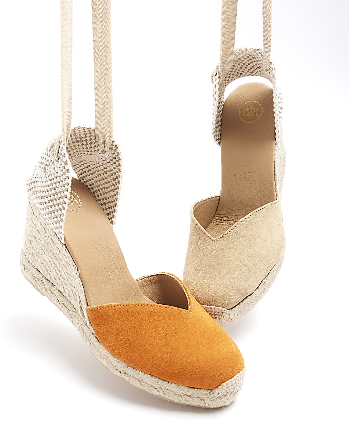 Orange suede wedge espadrille sandals