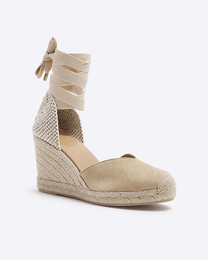 Beige suede wedge espadrille sandals