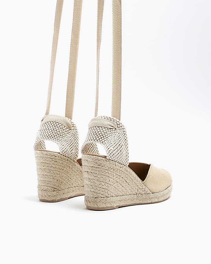 Beige suede wedge espadrille sandals